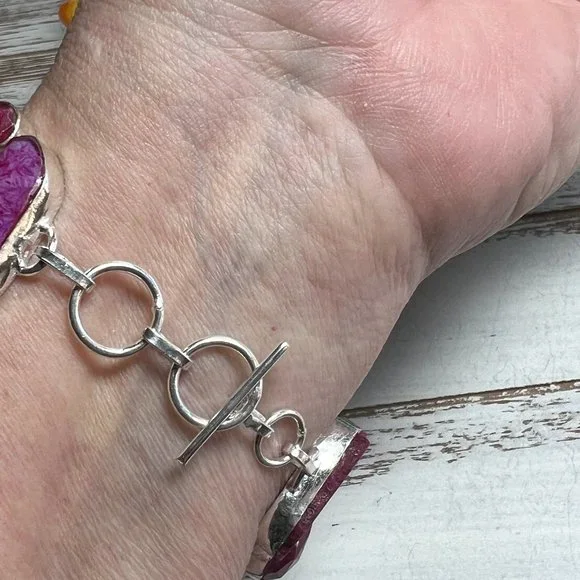 Solar Agate & Ruby Bracelet Handmade Stone Gemstone 925 Silver Large Ethnic New